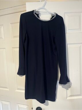 Sharagano Navy Long-Sleeve Shift Dress with Ruffle Accents